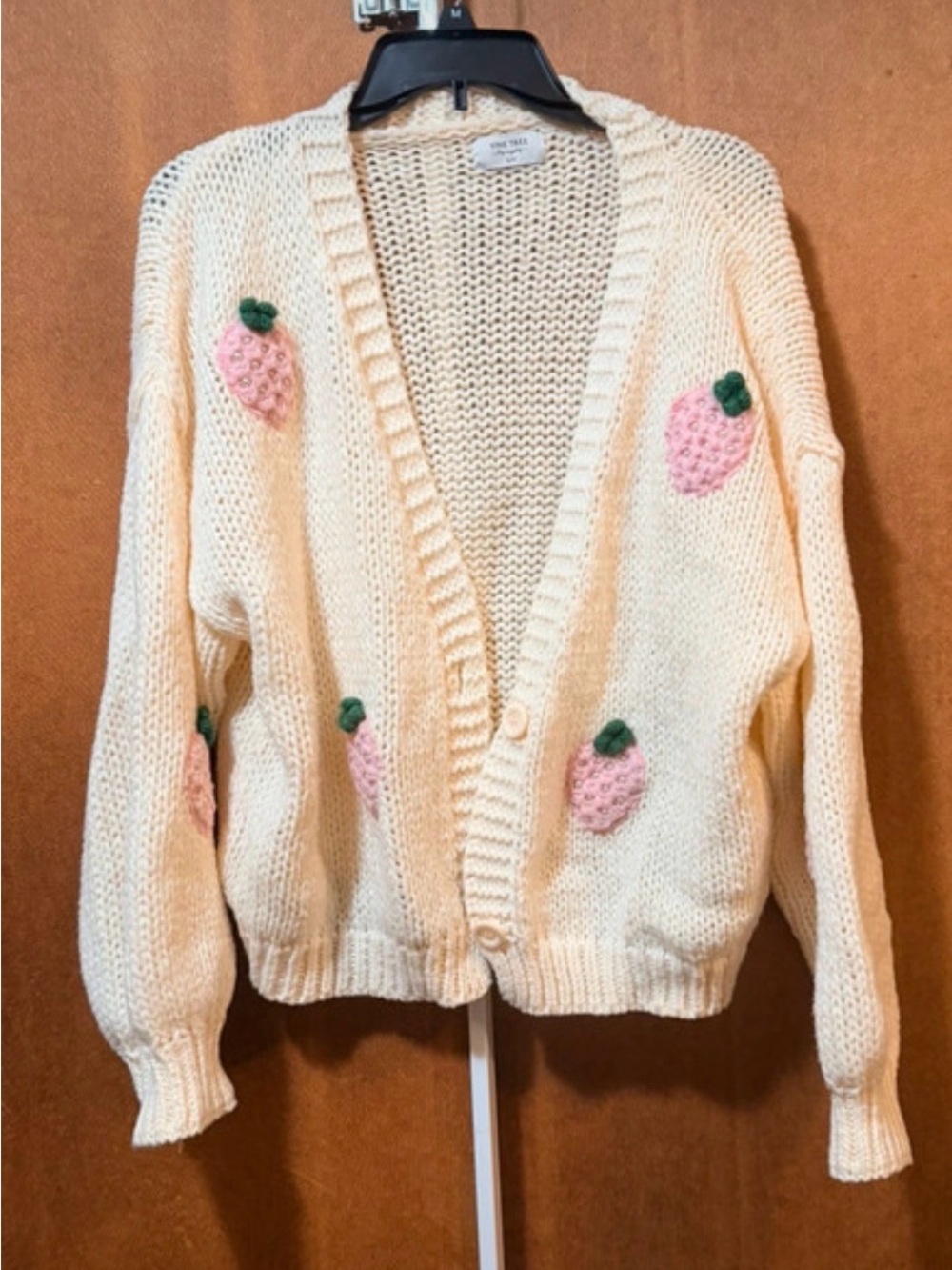 Cream Knit Cardigan with Pink Strawberry Appliqués